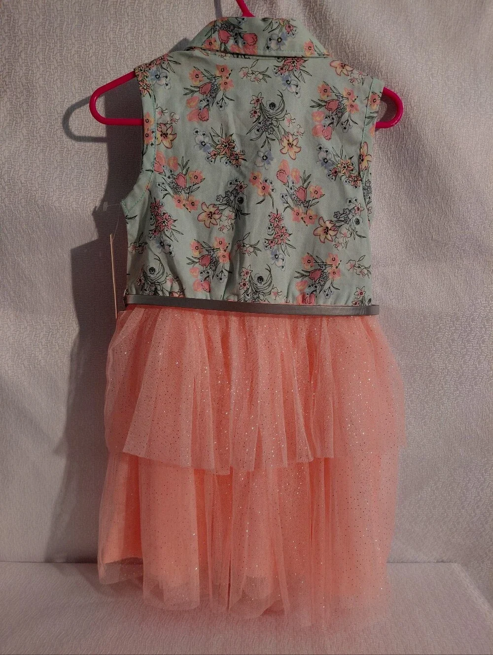 Little Lass Mint Floral Bodice with Peach Glitter Tulle Skirt Dress Sz 2